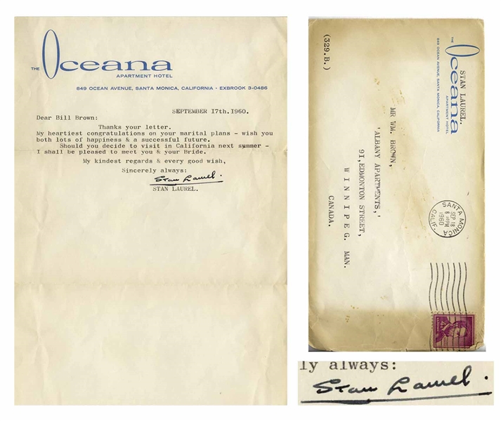 Stan Laurel Letter Signed With His Full Signature -- ''My heartiest congratulations on your marital plans...''